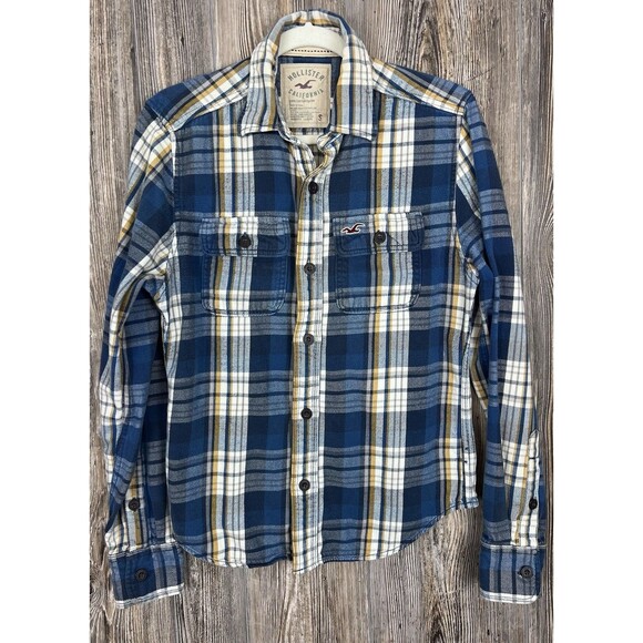 Hollister Blue Plaid Flannel Button Down Long Sleeve Shirt Heavyweight Size S - Picture 1 of 11